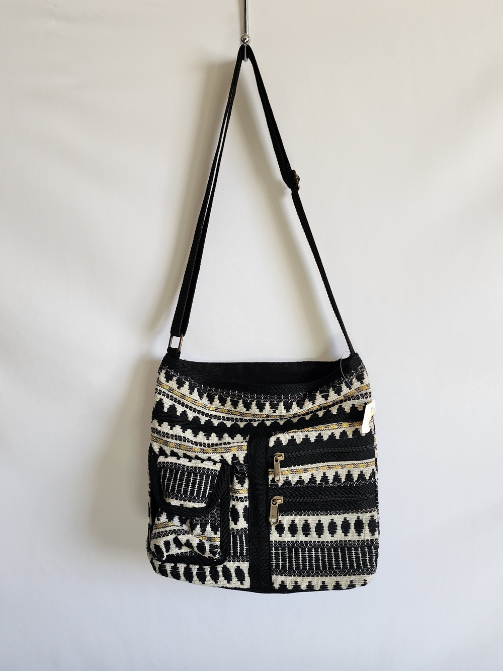 Black & Cream Patterned Crossbody Bag with Front Pockets
